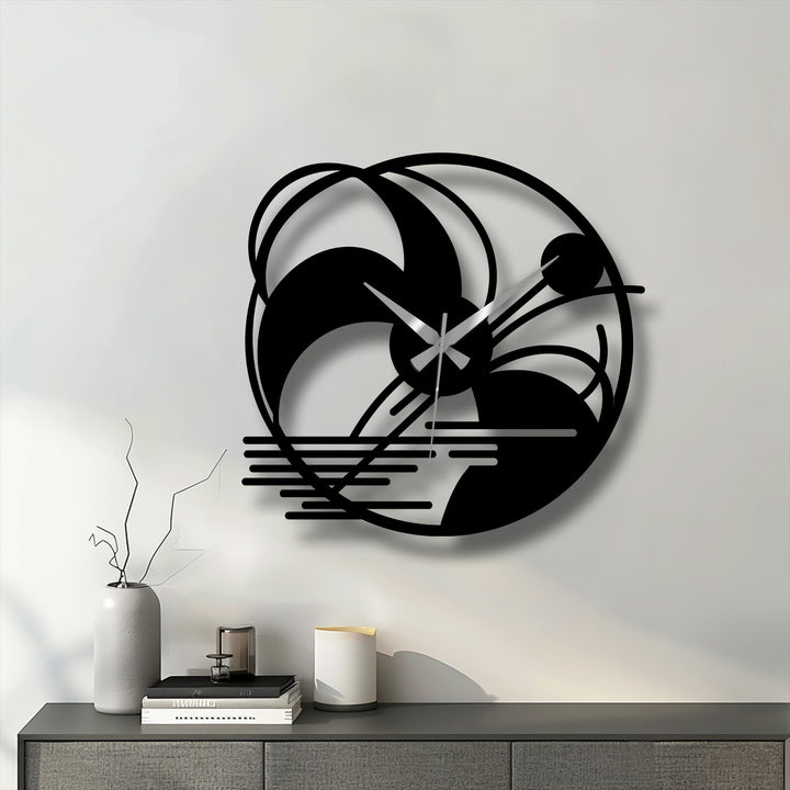 Defined by its artistic edges, this abstract landscape decorative metal art clock features a modern design with distinct borders in a sleek black finish.