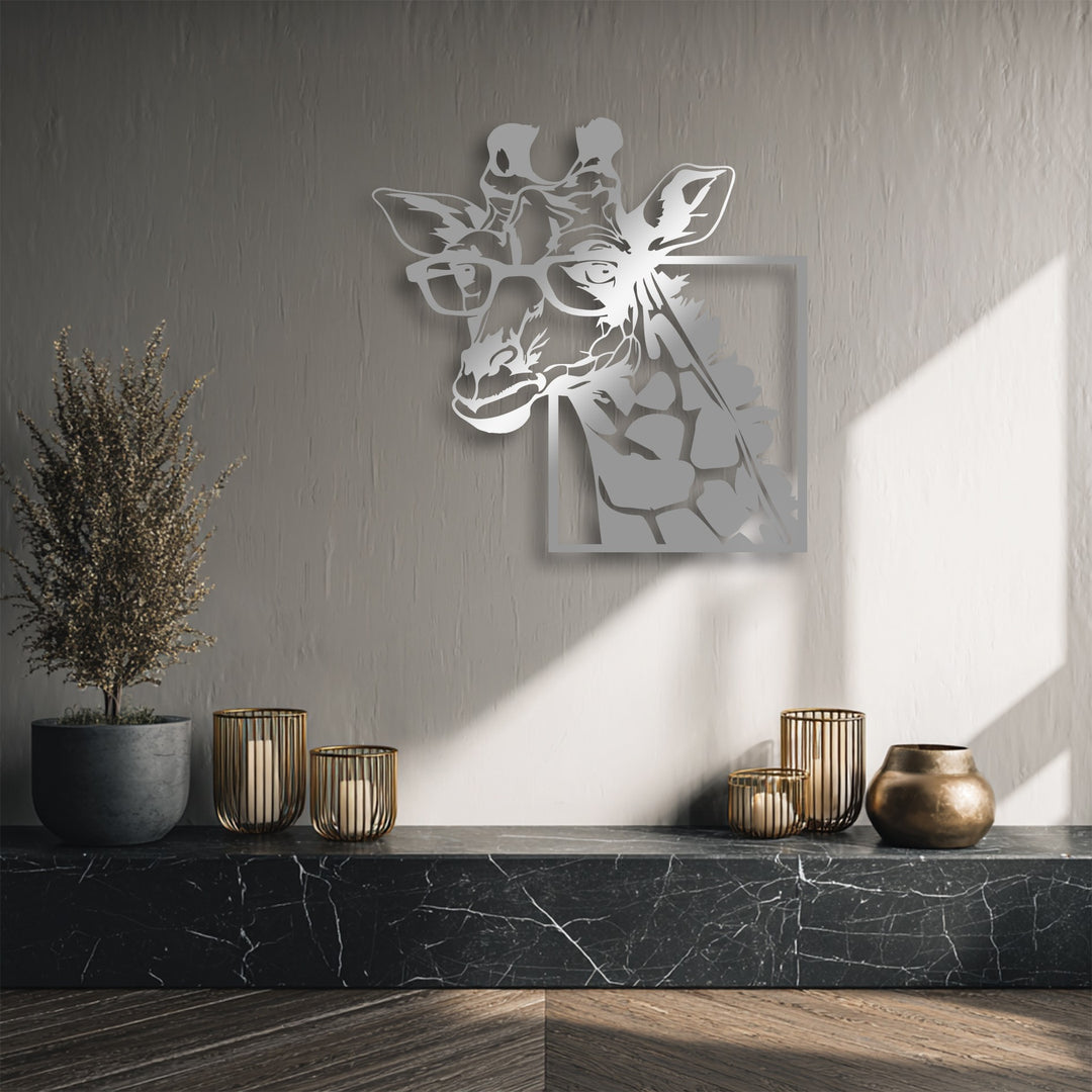 The textured light gray background wall, bathed in strong diagonal sunlight, elegantly complements the stylish giraffe with glasses metal wall decor.
