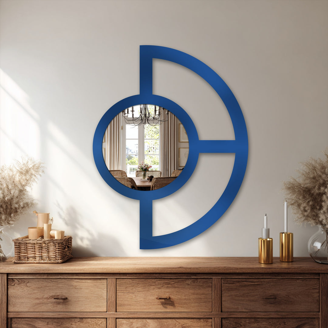 The bold, blue frame creates a striking focal point in this abstract half circle metal wall mirror, a unique decoration wall art piece with a modern, geometric design.