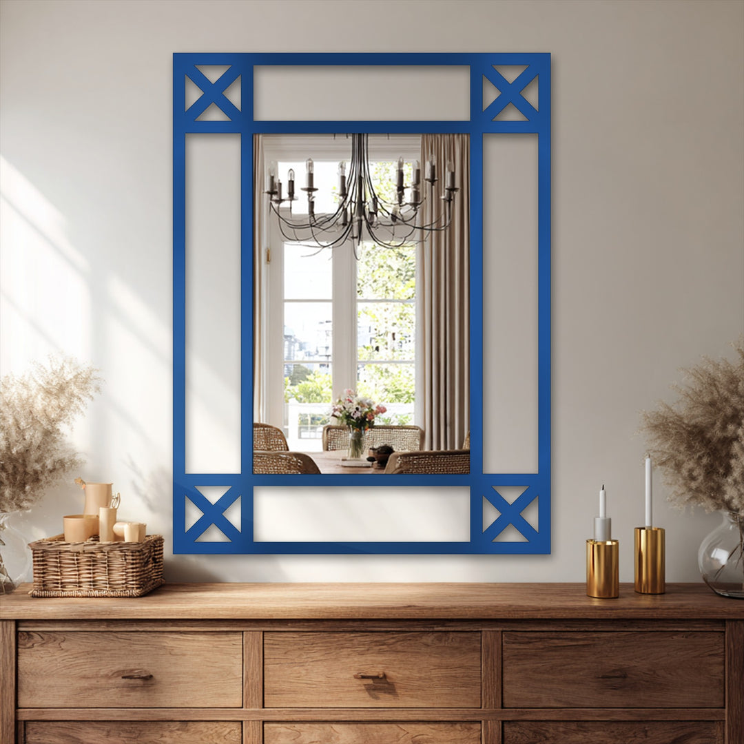 Showcasing the layering effect, the stained glass wall mirror reveals a dining room scene with a sophisticated chandelier, creating depth and intrigue in this reflective home accent.