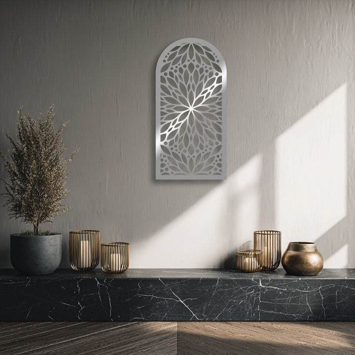 The elegant geometric elements of the Sacred Bloom Arch mandala floral metal wall decor showcase an intricate, ornate pattern.
