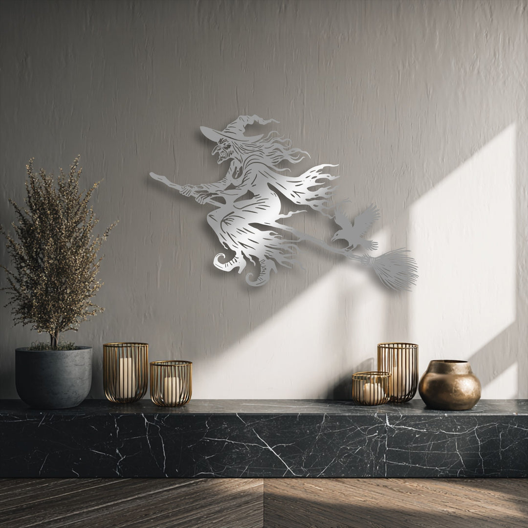 The distinct, clean-cut edges and intricate borders of the flying witch metal wall decor elegantly define its spooky Halloween silhouette.