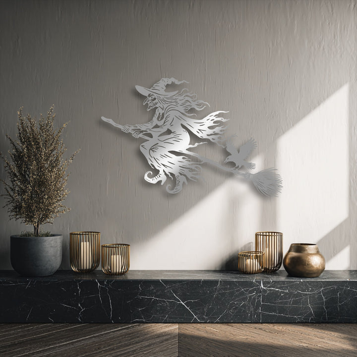The distinct, clean-cut edges and intricate borders of the flying witch metal wall decor elegantly define its spooky Halloween silhouette.
