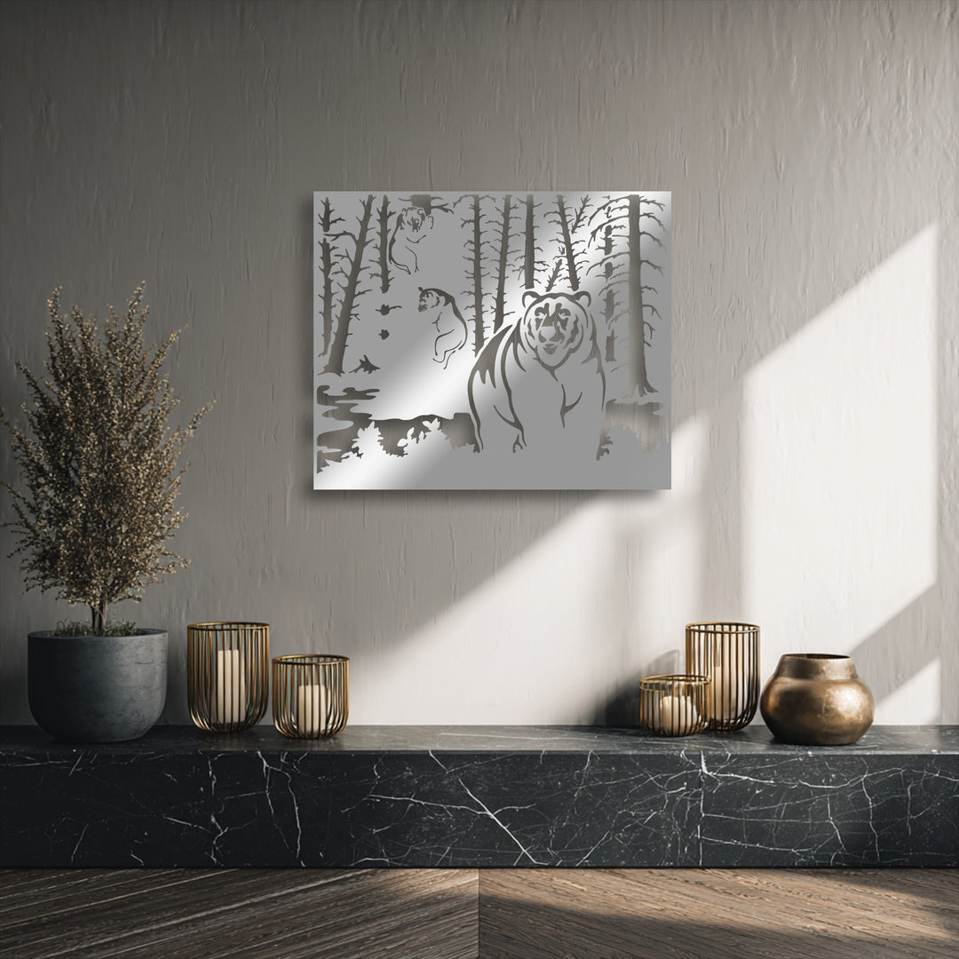 The brightest area of the wall is illuminated by a sharp sunbeam, highlighting the detailed wild forest bear metal artwork and elegant decor.