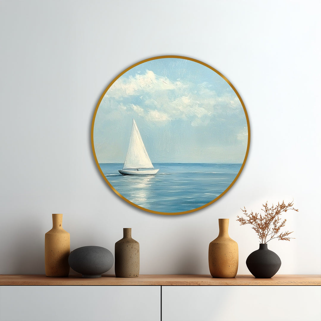 Silent Horizon – Velero minimalista redondo Cuadro al óleo