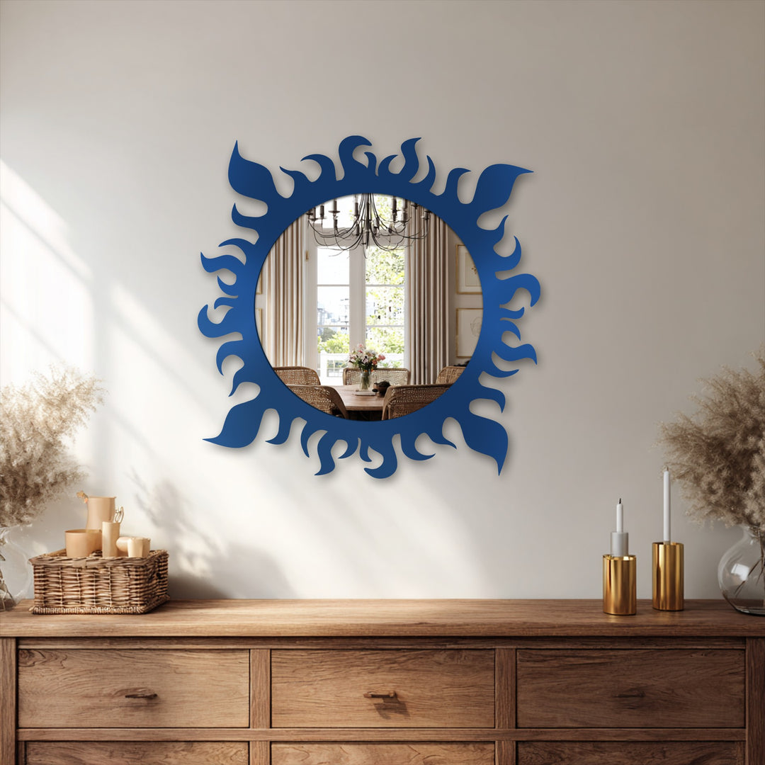 Round decorative mirror with flame design