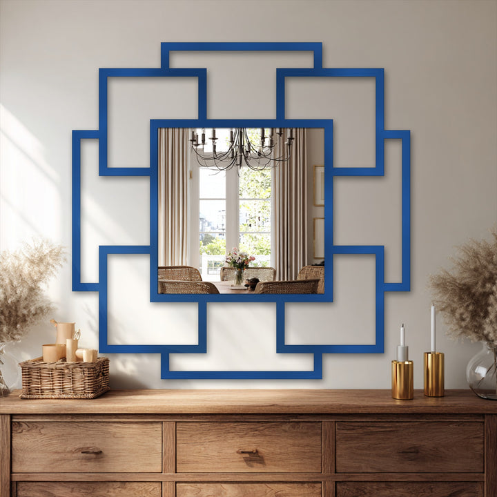 The realistic detail in this Cascade Squares geometric wall mirror shows the refined construction of this stained glass wall mirror with its layered square design.