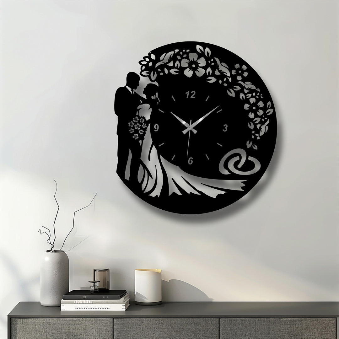 The stillness of a cherished moment is gracefully depicted on this unique metal wall art clock, showcasing a romantic bride and groom love design.