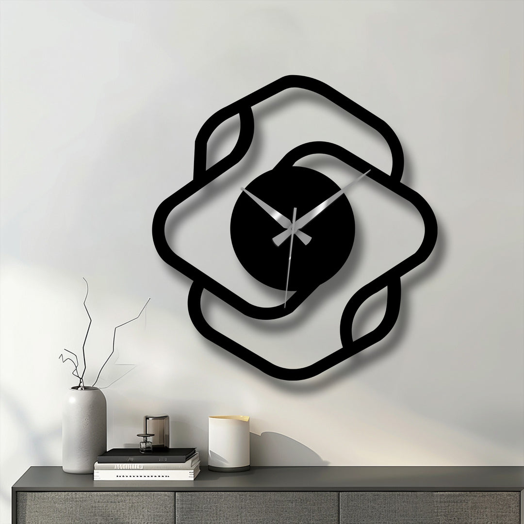 Displayed against the neutral wall, the modern abstract square frame metal artwork clock creates a minimalist aesthetic on the textured background.