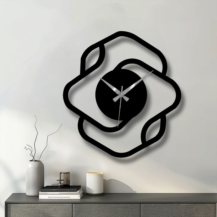 Displayed against the neutral wall, the modern abstract square frame metal artwork clock creates a minimalist aesthetic on the textured background.