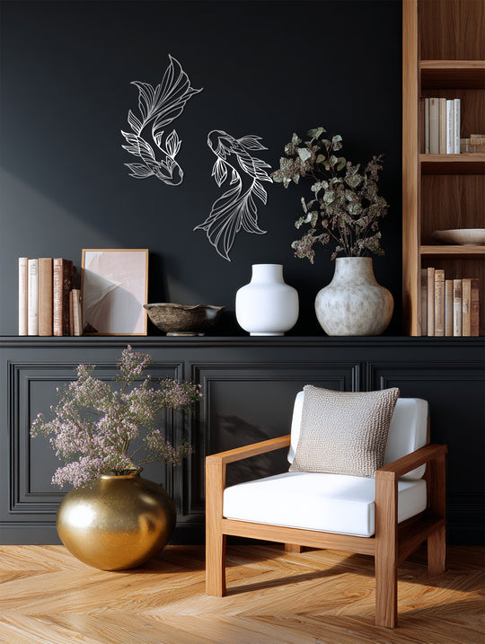 The softest element in the room accentuates the delicate lines of the koi fish metal artwork wall decor, a striking contrast against the dark backdrop.