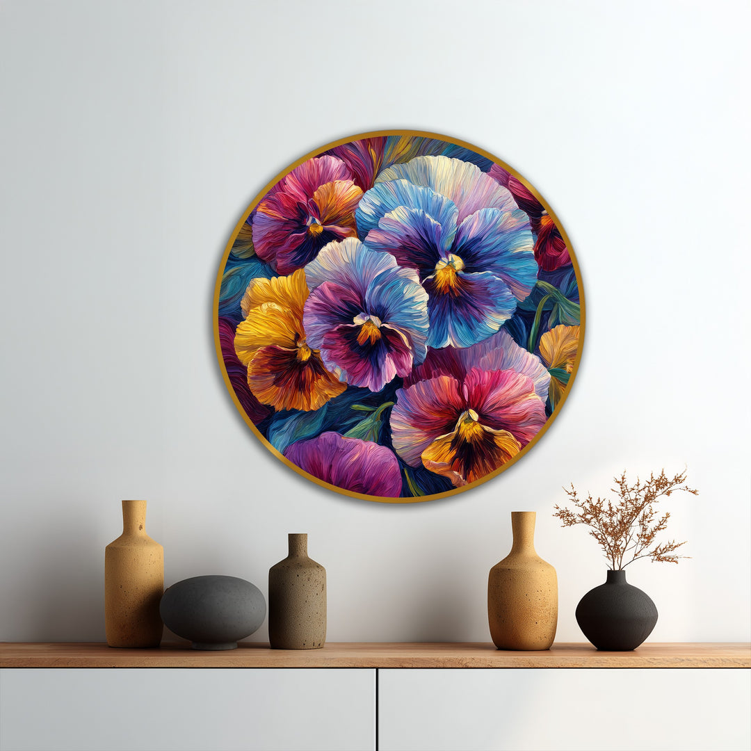 Vibrant Pansy Bloom Round Oil Painting