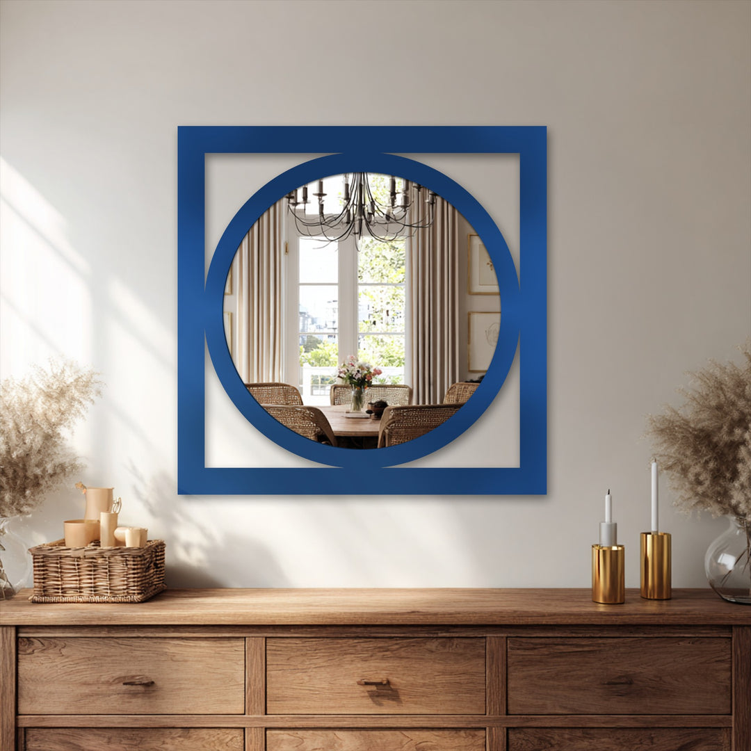 Repeating square and circle shapes create a visual rhythm in this stained glass wall mirror with a modern minimalist design.