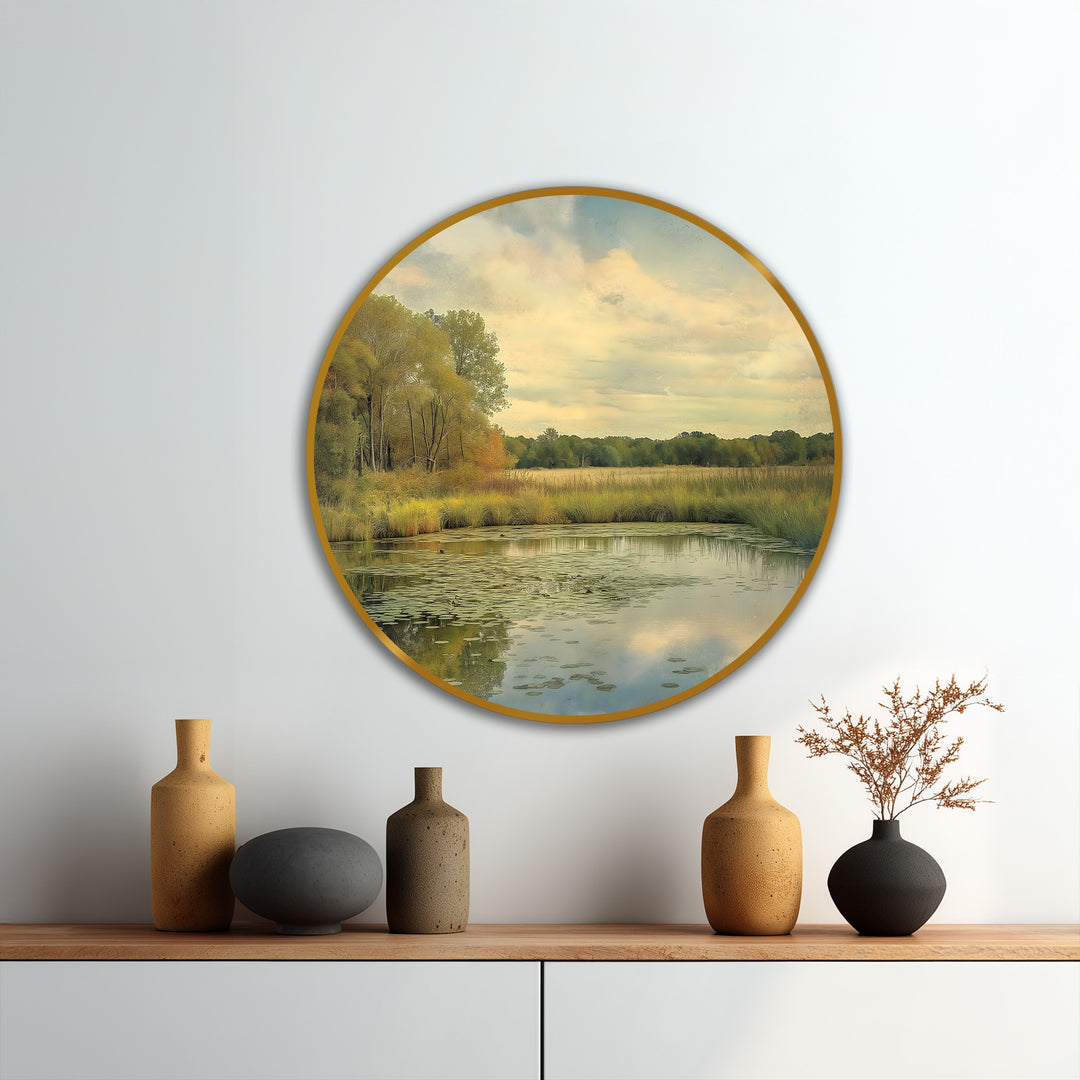 Reflejo de la pradera dorada: paisaje tranquilo Cuadro al óleo