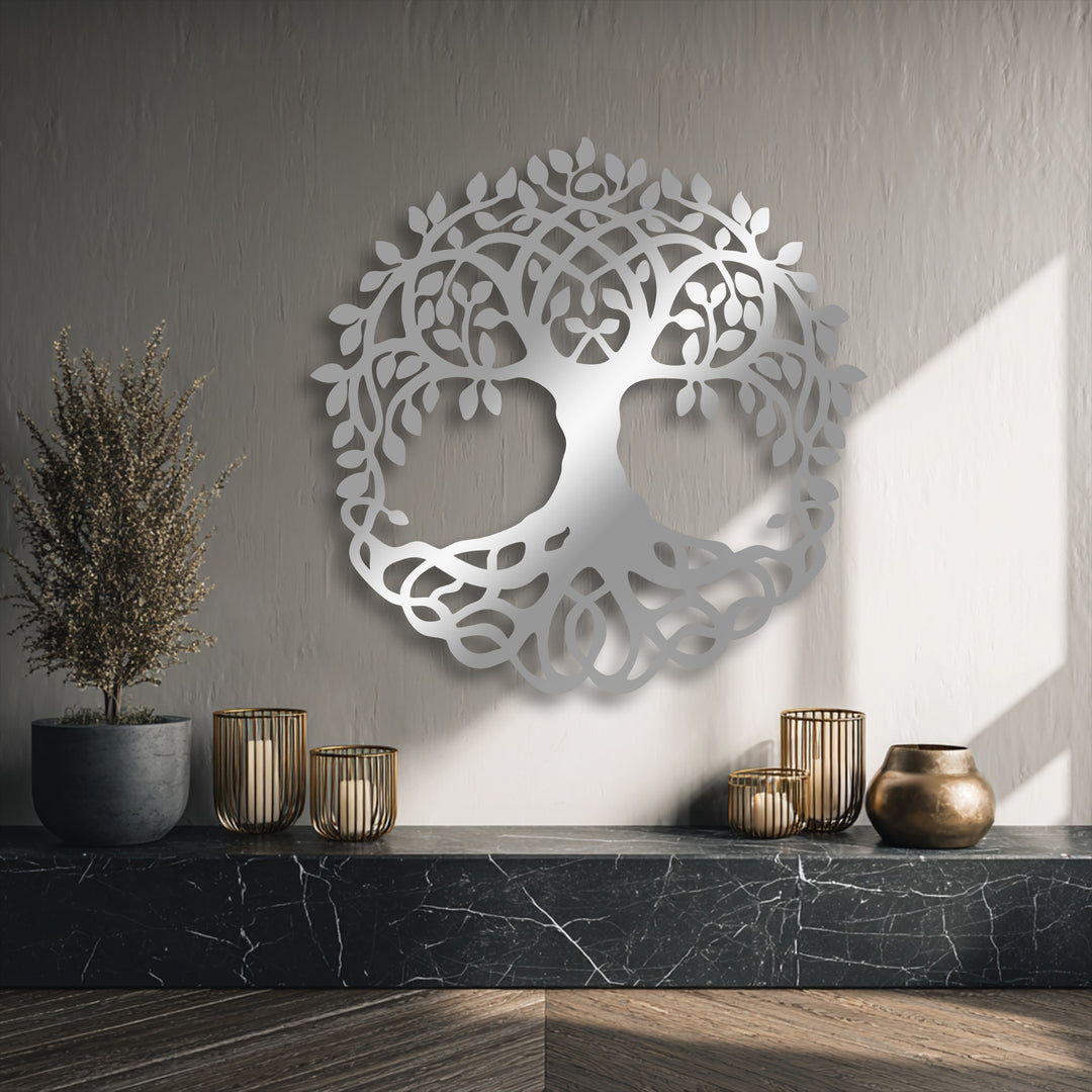The abstract quality of the intricate Celtic Tree of Life decorative metal art casts an ethereal shadow, symbolizing eternal harmony.