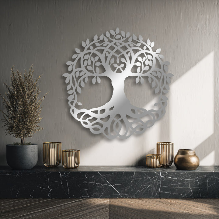 The abstract quality of the intricate Celtic Tree of Life decorative metal art casts an ethereal shadow, symbolizing eternal harmony.