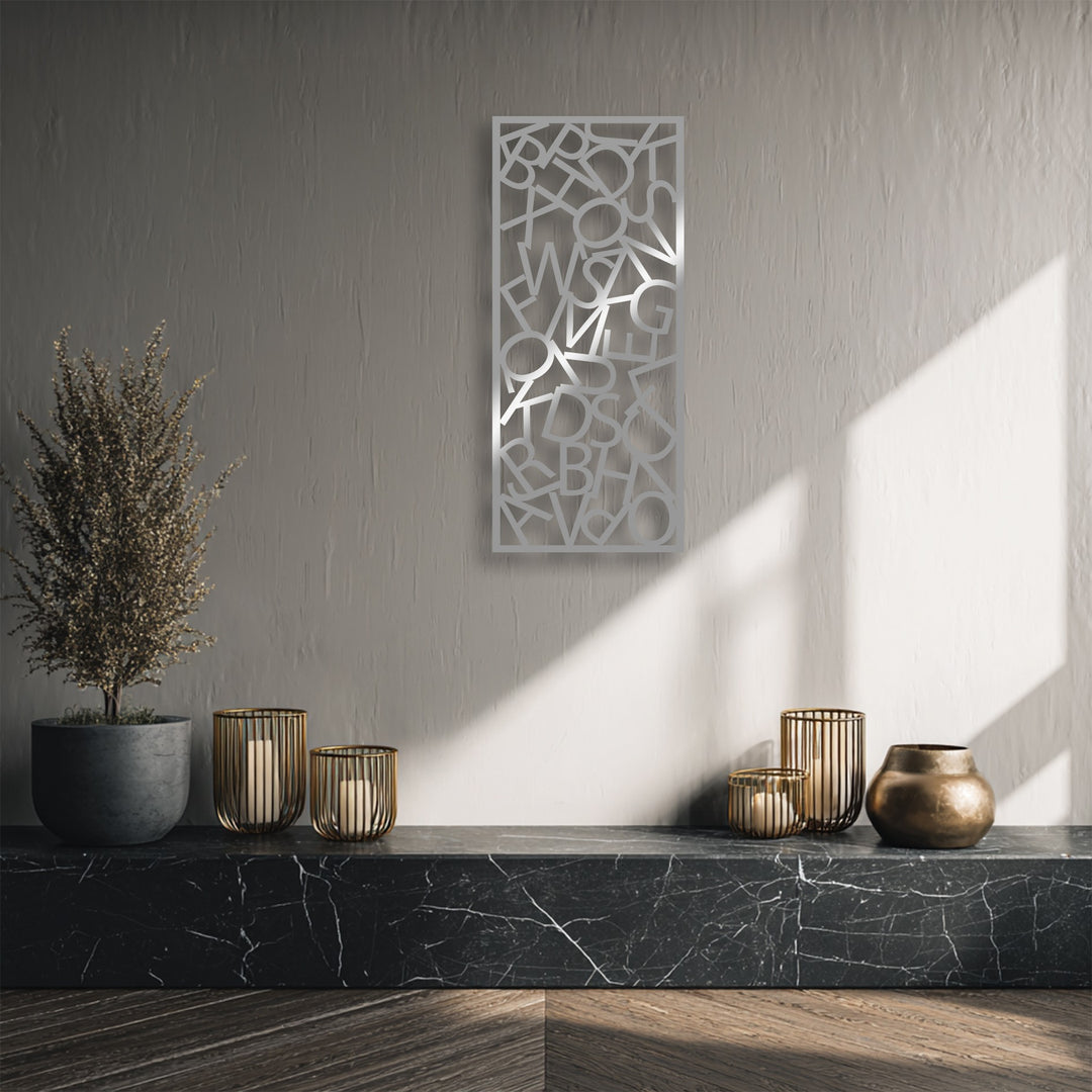 Vertically oriented rectangular metal wall decor features abstract typography chaos with scattered letters, perfect for modern letter composition.