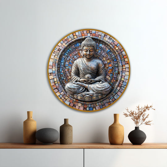 Alternating hues and textures create a calming visual rhythm in this modern oil painting art featuring a serene Buddha surrounded by a mosaic halo.