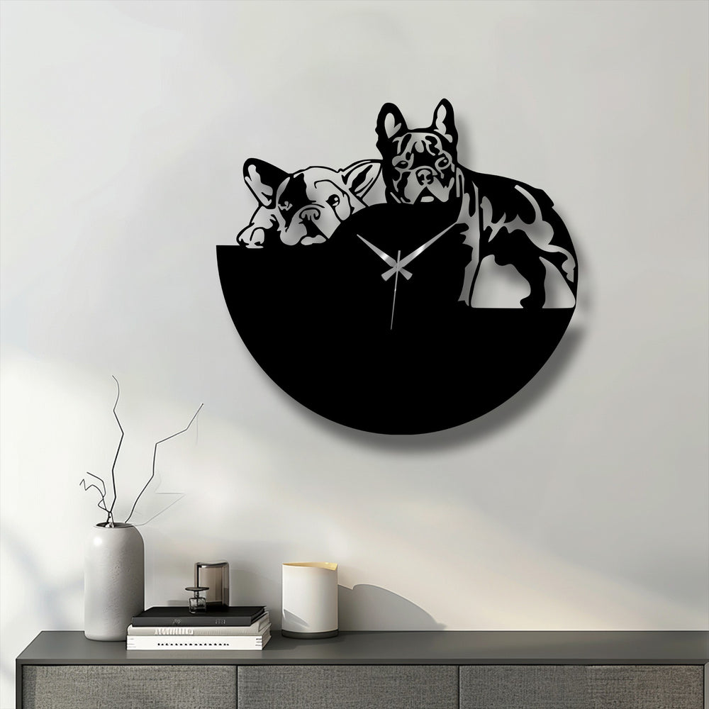 Revealing the abstract quality of the Bulldog Duo metal wall clock with a modern dog design, presented as unique metal wall art.
