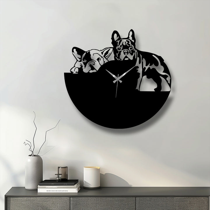 Revealing the abstract quality of the Bulldog Duo metal wall clock with a modern dog design, presented as unique metal wall art.