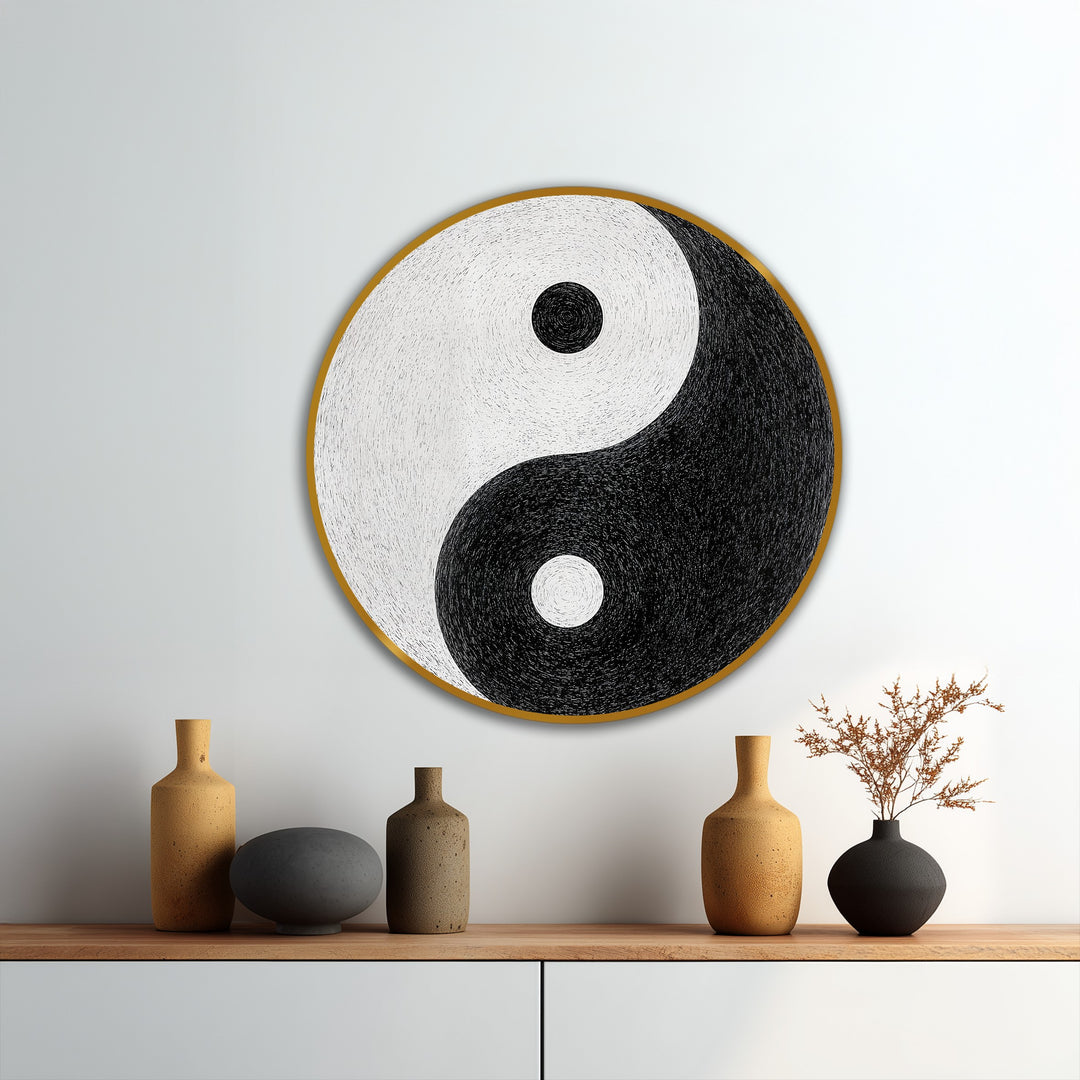 With realistic detail, this round Yin Yang minimalist oil painting wall art showcases the eternal balance of black and white, a symbolic accent for modern décor.