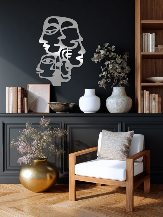 The visual rhythm in this faces of thought abstract line art metal wall décor, featuring a repetitive pattern, makes it a striking piece of metal artwork.