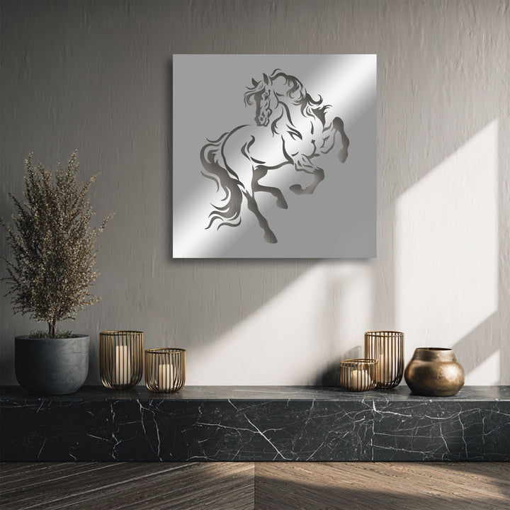 The abstract quality of the rearing horse silhouette is beautifully rendered as modern metal artwork, creating dynamic equestrian power decor.