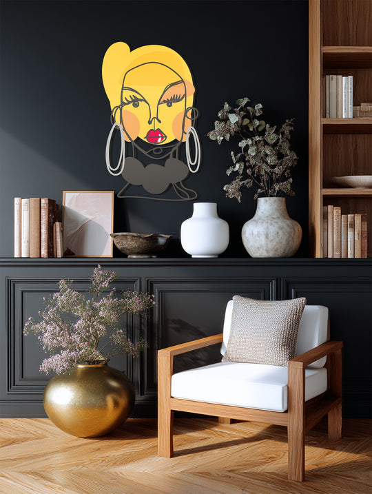 The stillness of this decoration wall art captures the bold glamour of an abstract woman, presented as a modern metal wall art piece against a calming background.