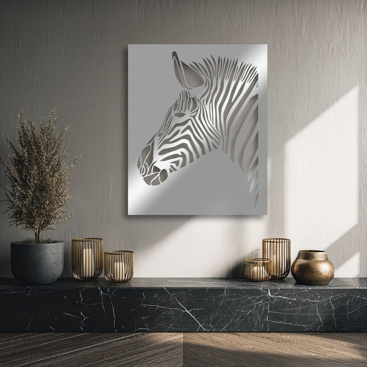 The serene mood created by the stylish zebra metal decoration wall art enhances the modern decor, softly lit by natural light.