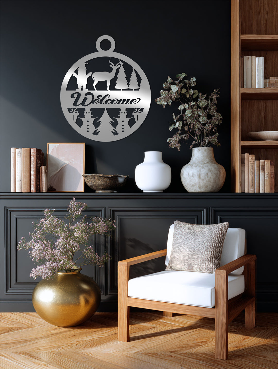 ترحيب احتفالي – غزال عيد الميلاد ورجل الثلج فن جداري معدني