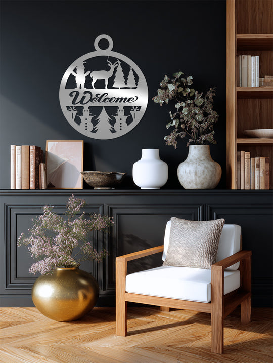Durable decoration wall art, showcasing a precise laser-cut metal Christmas 'Welcome' sign featuring festive reindeer and snowman designs, creates a robust, attractive piece.