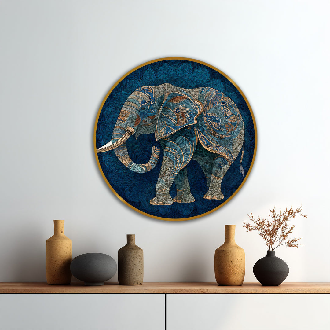 Detailed patterns in the azure spirit decorative elephant silhouette capture attention as a modern oil painting art statement piece with gold accents.