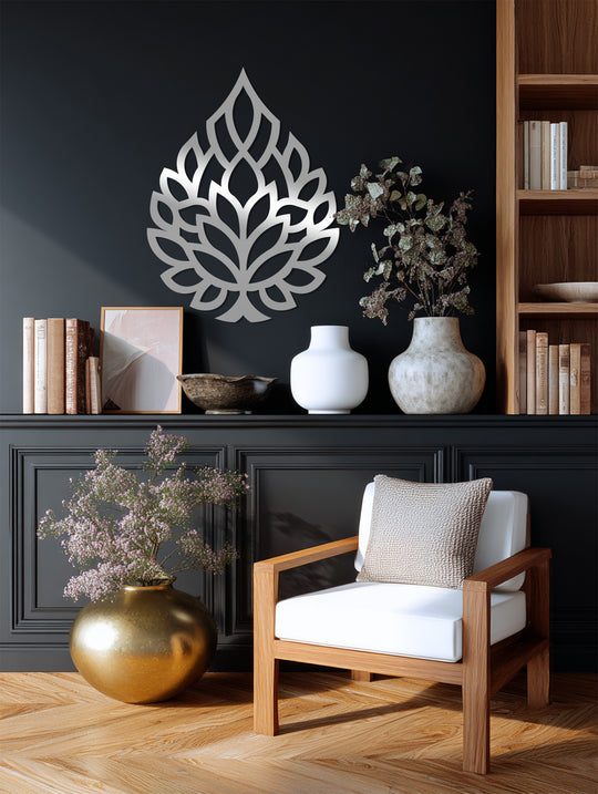 Foreground view of Ethereal Bloom metal wall decor showcasing a modern leaf pattern, enhancing the artistic appeal of metal wall decor in home decor.