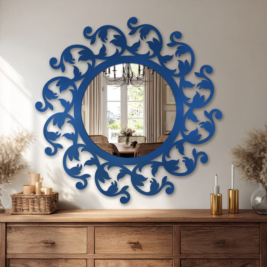 Floral Scroll Round Decorative Wall Mirror – Modern Botanical Mirror Wall Decor