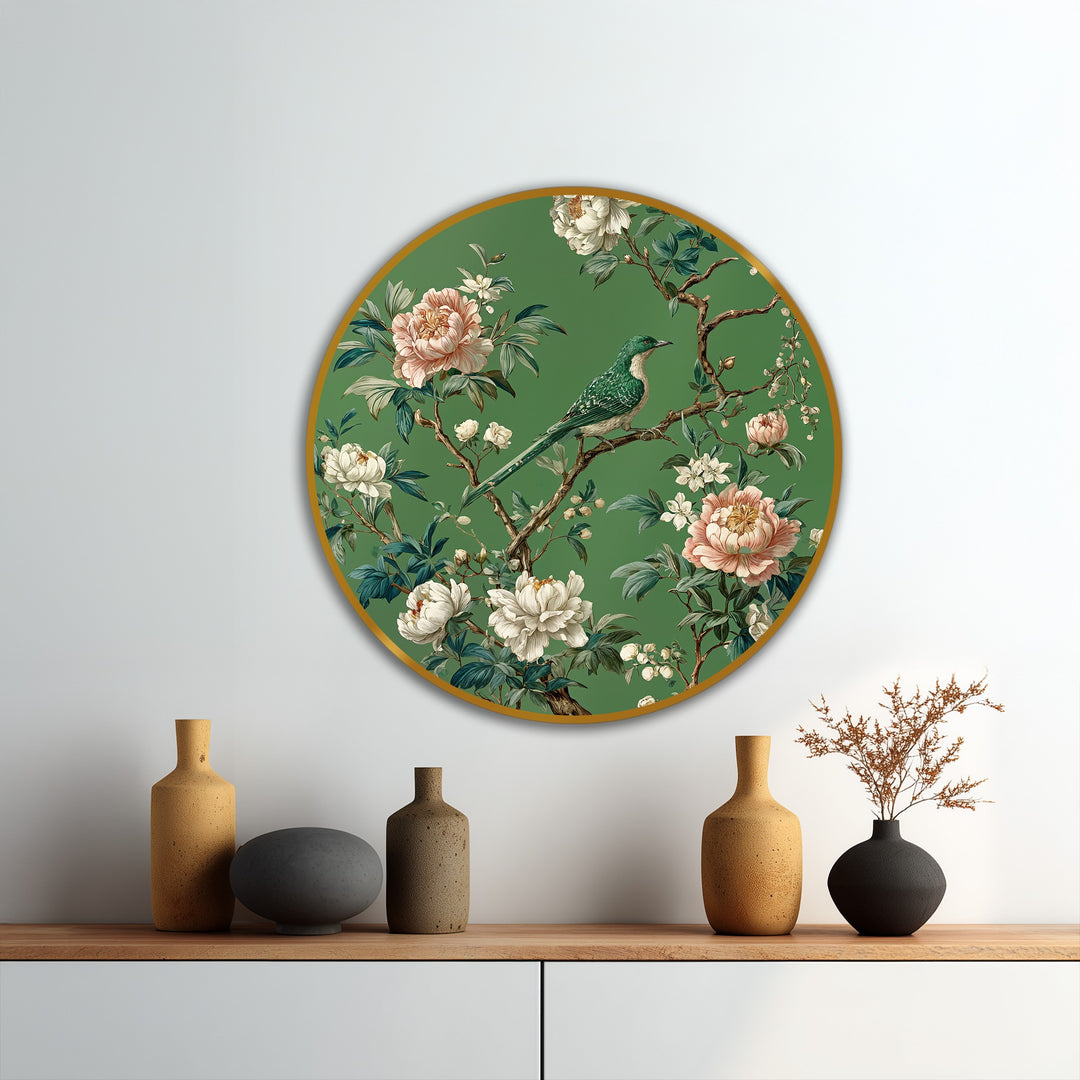 Depicting the central subject, this round oil painting wall art features a green songbird perched among white and pink peonies against an emerald background.