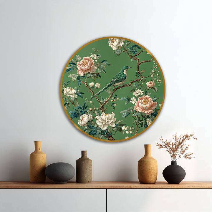 Depicting the central subject, this round oil painting wall art features a green songbird perched among white and pink peonies against an emerald background.