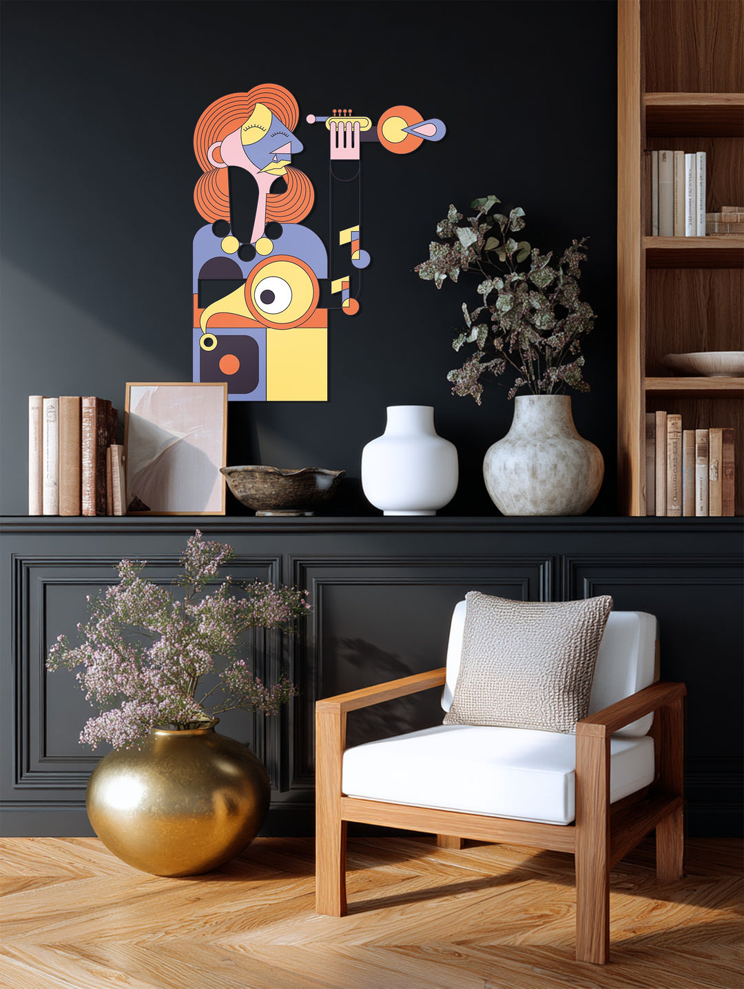 Cubist Woman with Trumpet Metal Wall Art – Abstract Musical Expression Decor