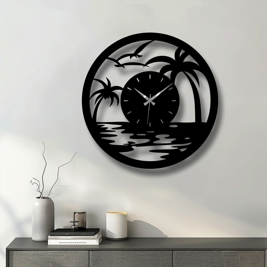 Shadows define the cut-out palm trees and birds in this tropical sunset decorative metal art clock, highlighting the beach scene against the wall.