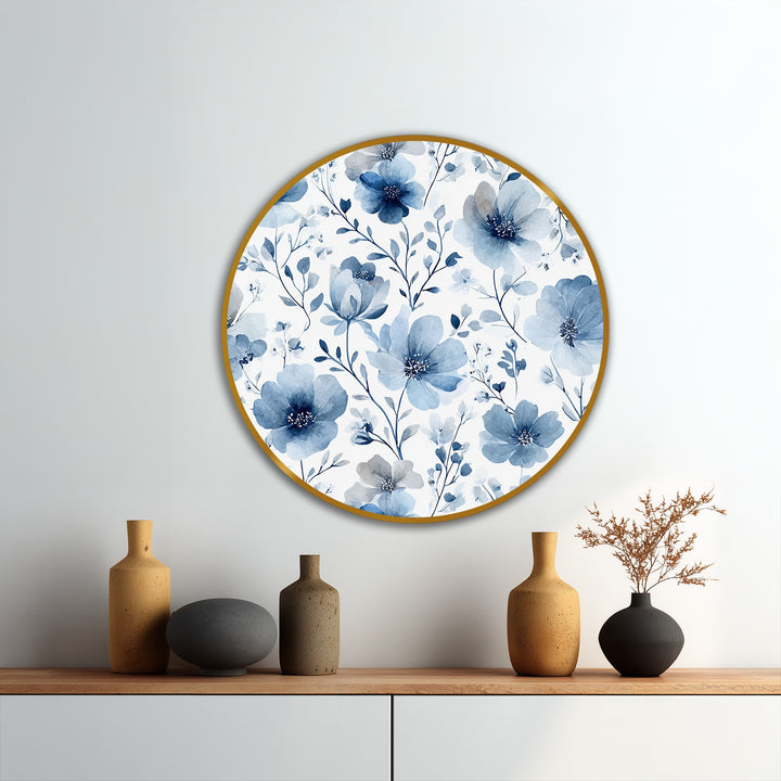 The stillness of the soft blue botanical pattern round oil painting inspires quiet contemplation as an oil painting decoration with its serene design.