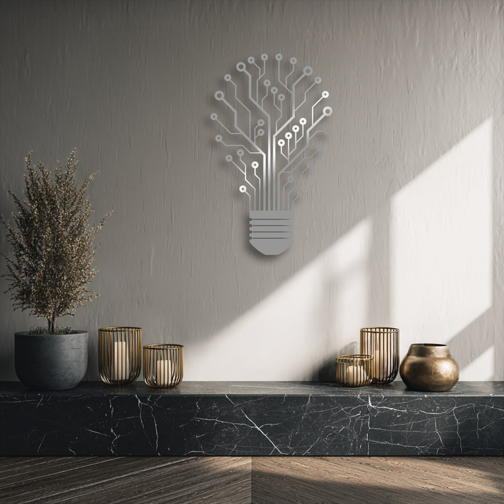 The geometric elements of a silver tech tree lightbulb circuit define this striking metal decoration wall art.