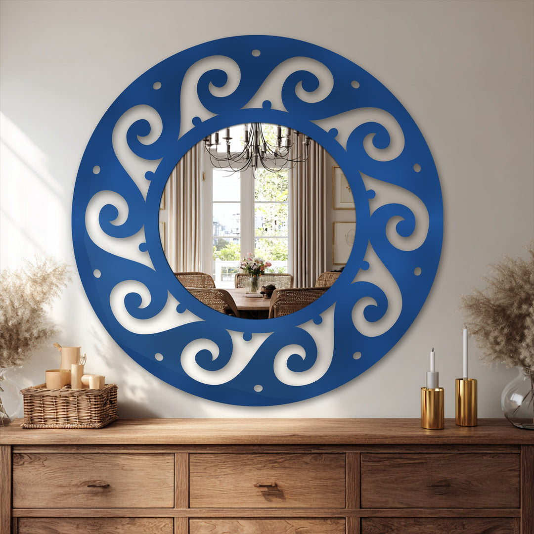 Round decorative mirror with scroll-inspired pattern