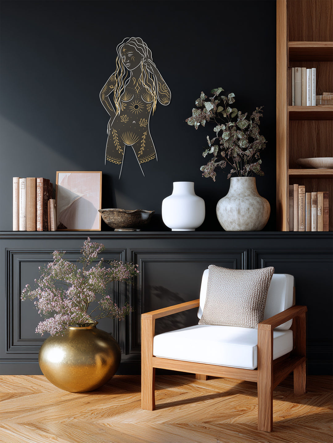 Celestial Goddess Metal Wall Art – Black and Gold Feminine Silhouette Decor