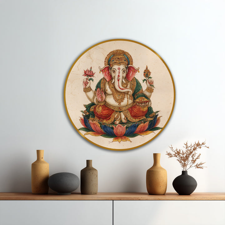 Repeating floral motifs in this traditional Hindu Ganesha lotus round modern oil painting art create a pleasing visual rhythm.
