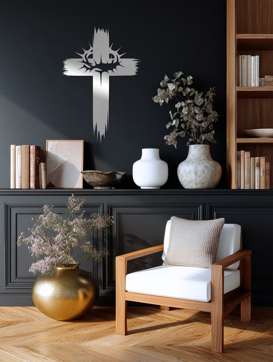 Revealing the abstract quality of this decorative metal art in a cross design, the Crown of Thorns evokes spiritual depth and modern craftsmanship.