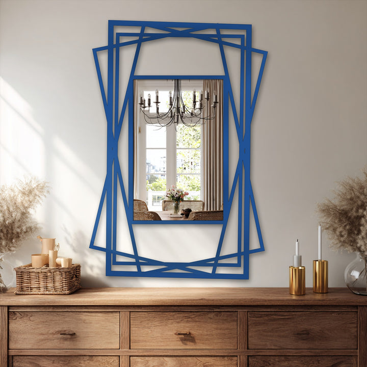 Showcasing the layering effect of the geometric frame, this framed wall mirror features a contemporary and dimensional design in a striking blue hue.