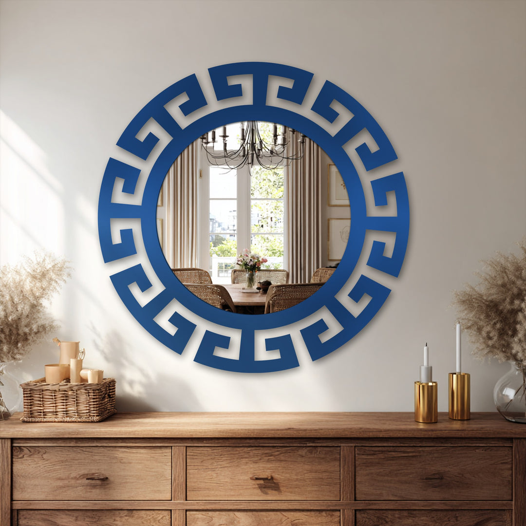 Brightest area highlights the reflective surface of the modern wall mirrors framed by a segmented Greek key design, creating a captivating focal point.