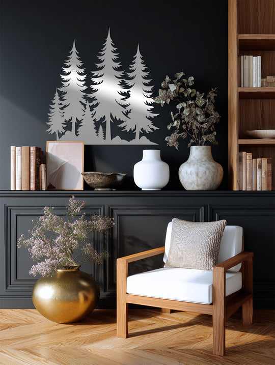 Highlighting the abstract quality, the pine forest nature landscape silhouette presents an intriguing metal artwork as wall art home decor.