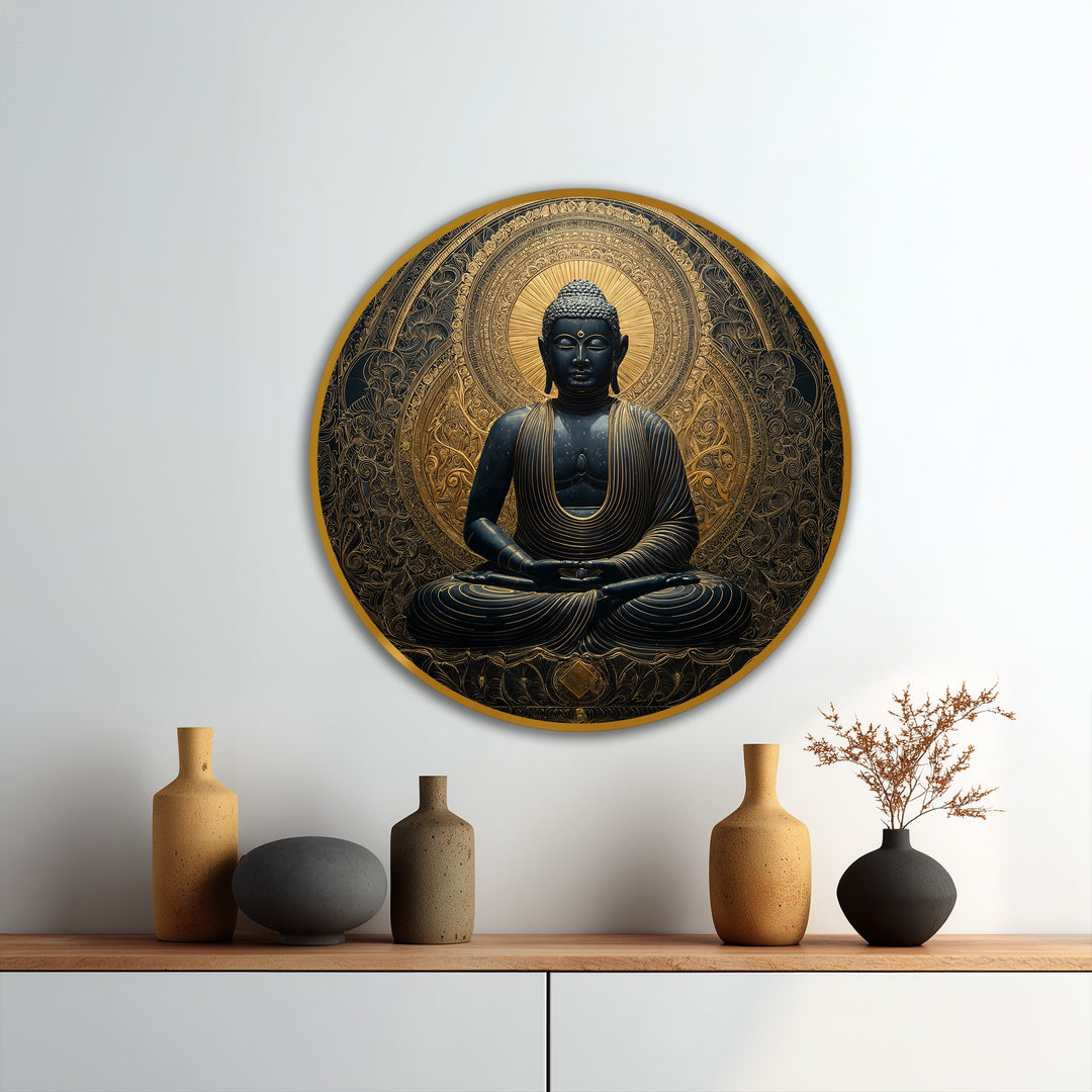 Black and gold hues dominate this round oil painting, featuring a seated Buddha with a detailed mandala halo, showcasing modern oil painting art in a spiritual design.