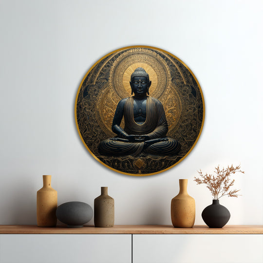 Black and gold hues dominate this round oil painting, featuring a seated Buddha with a detailed mandala halo, showcasing modern oil painting art in a spiritual design.