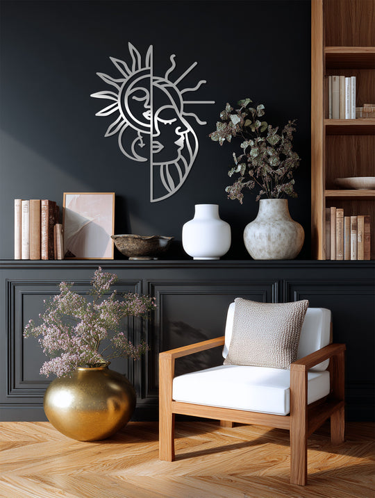 Soft light highlights the intertwined sun and moon faces of this unique metal wall art, a celestial design that brings a calming, harmonious feel.